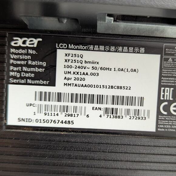 Acer XF251Q 24.5" Gaming Monitor 75Hz FHD FreeSync HDMI VGA Adjustable Stand - Picture 4 of 6